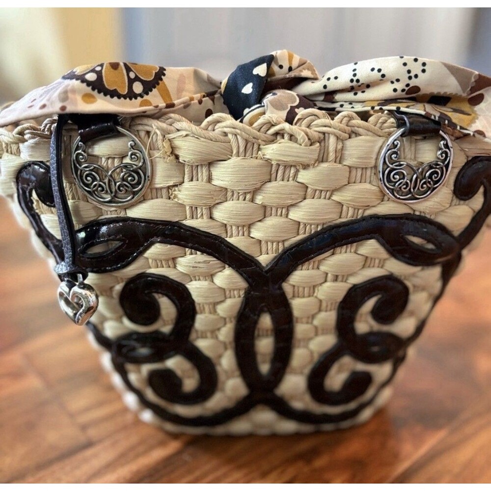 BRIGHTON Lyric Patent Scroll Straw Tote + Handkerchief Tie 9 X 14 X 3.5